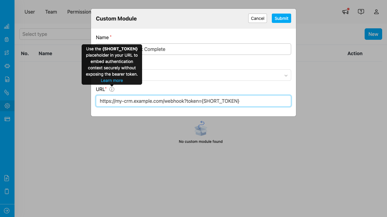 Custom Module URL field with {SHORT_TOKEN} placeholder and tooltip