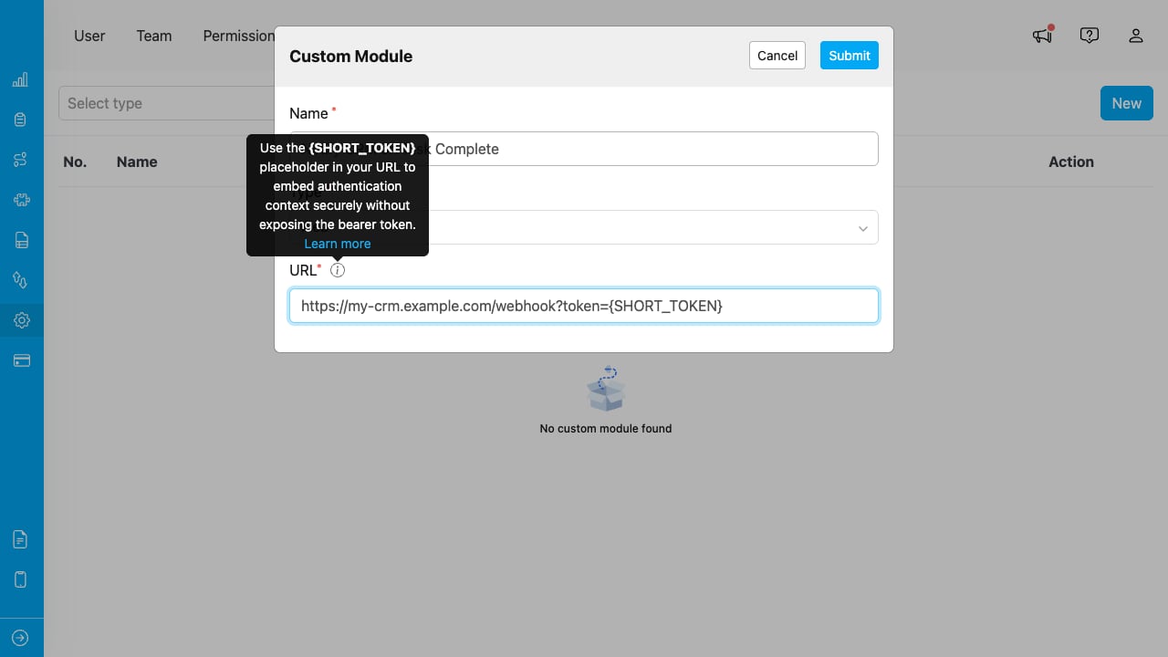 Custom Module URL field with {SHORT_TOKEN} placeholder and tooltip