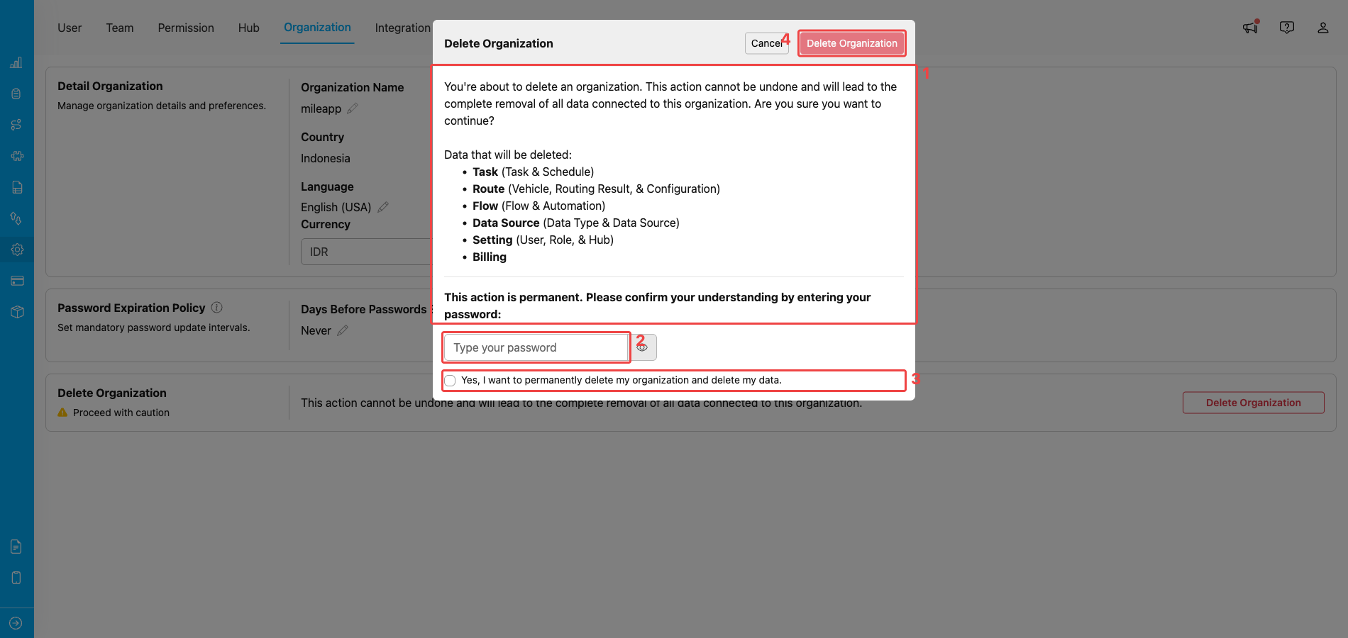Delete Organization confirmation dialog