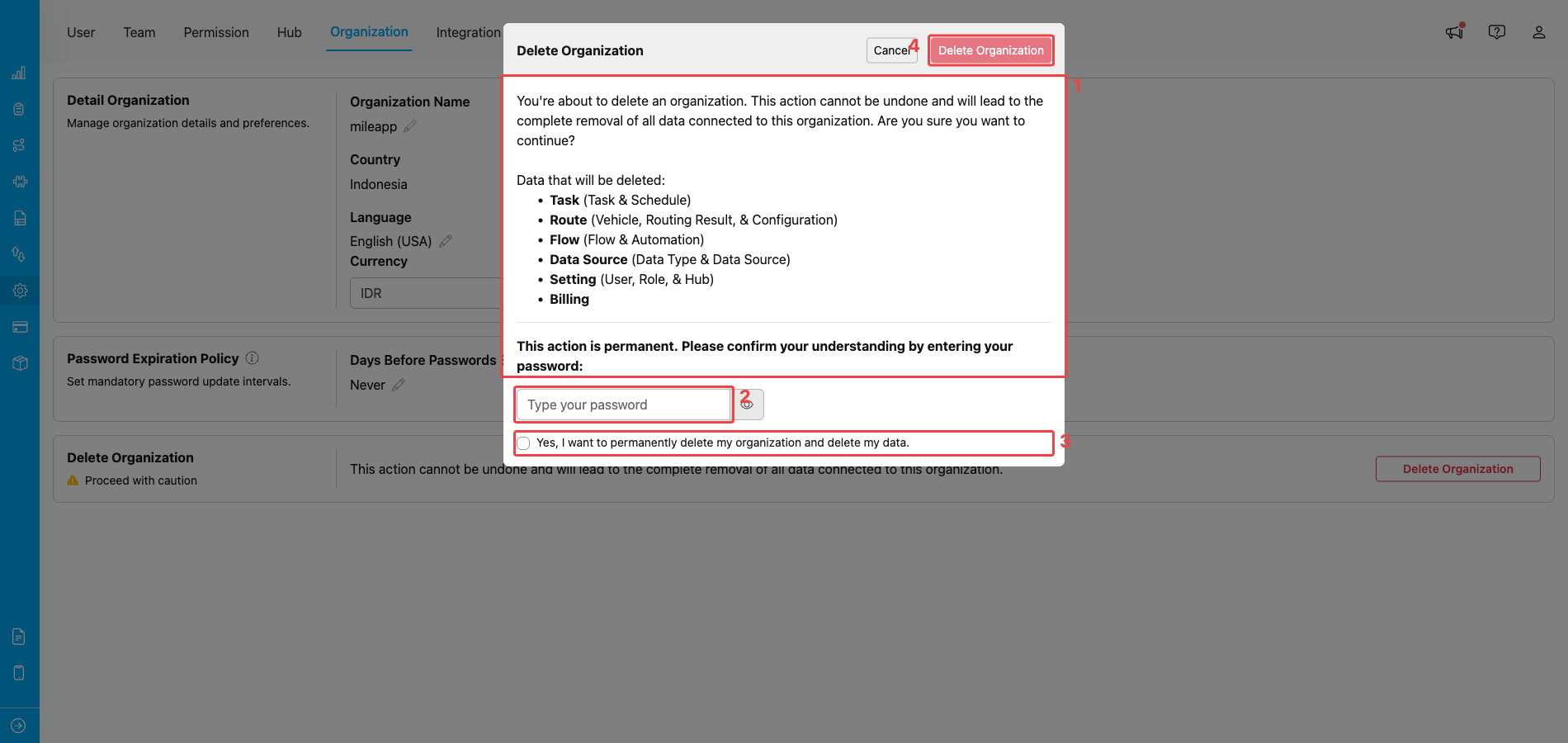 Delete Organization confirmation dialog