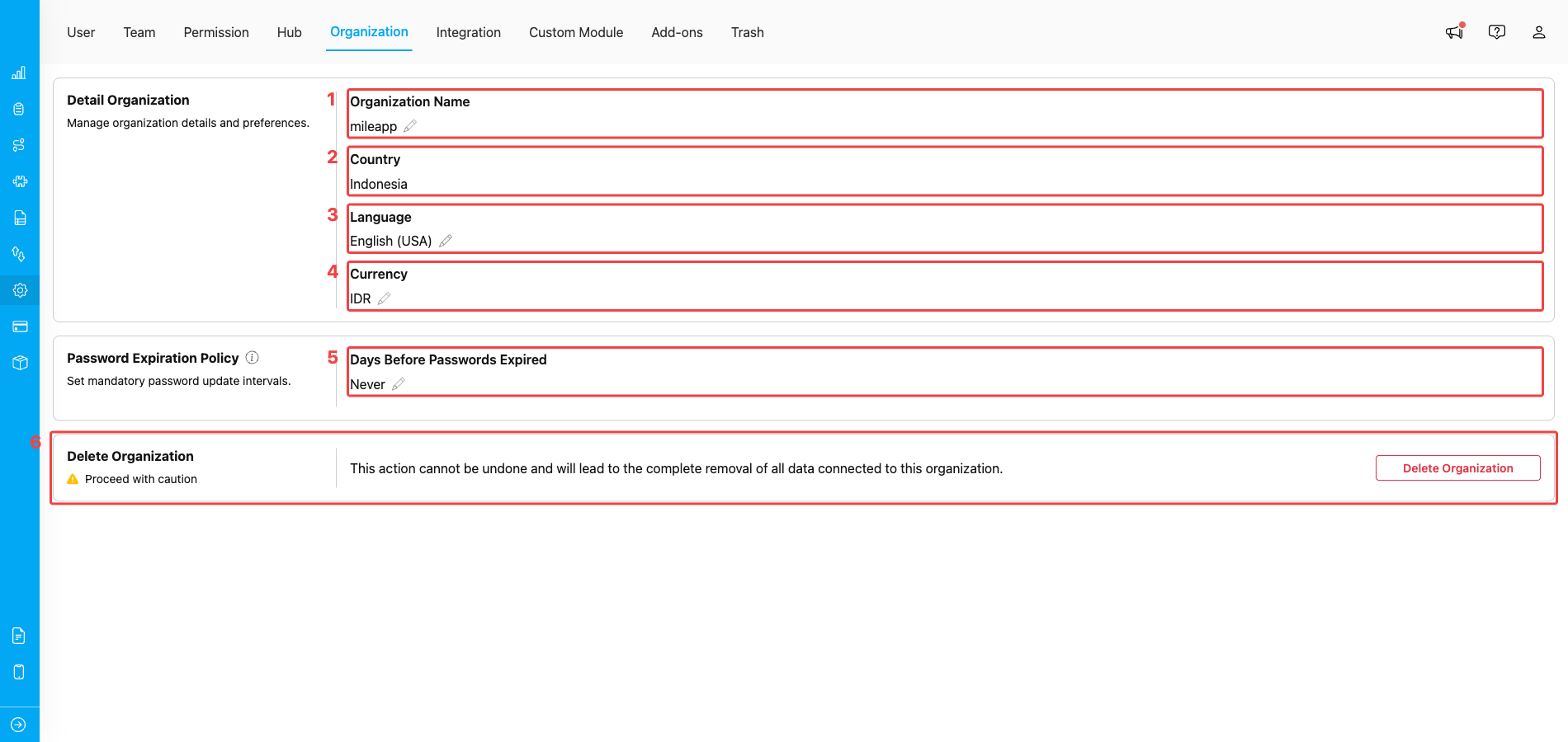 Setting → Organization page