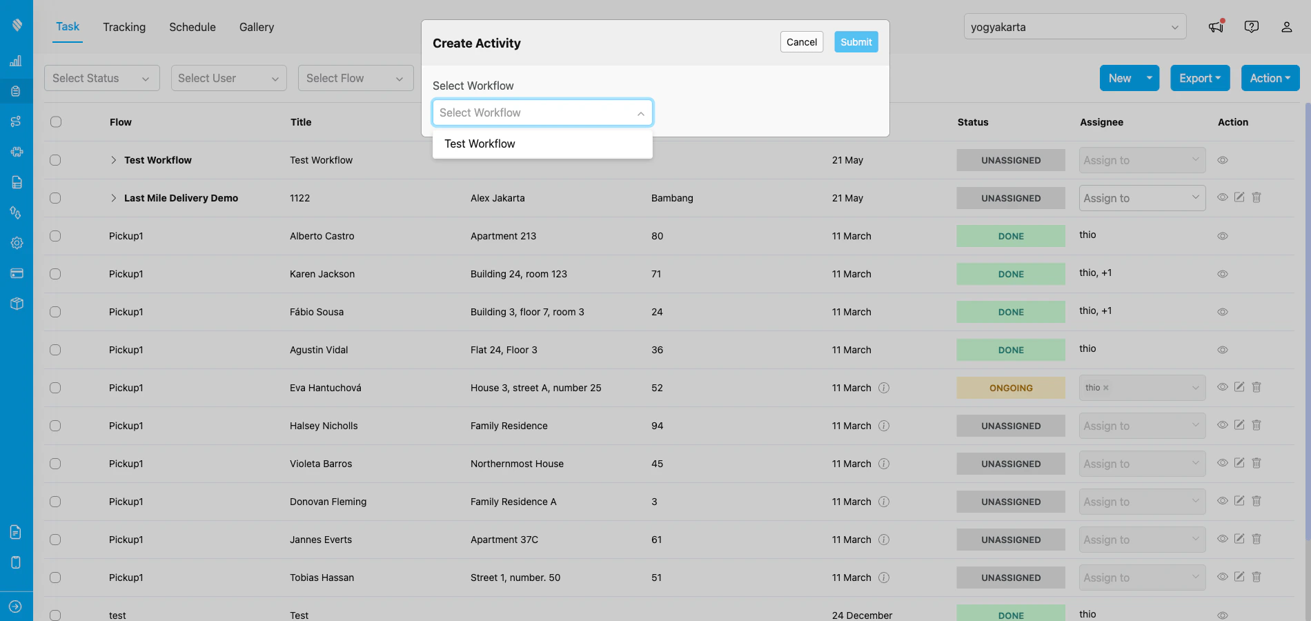 Workflow selection dropdown