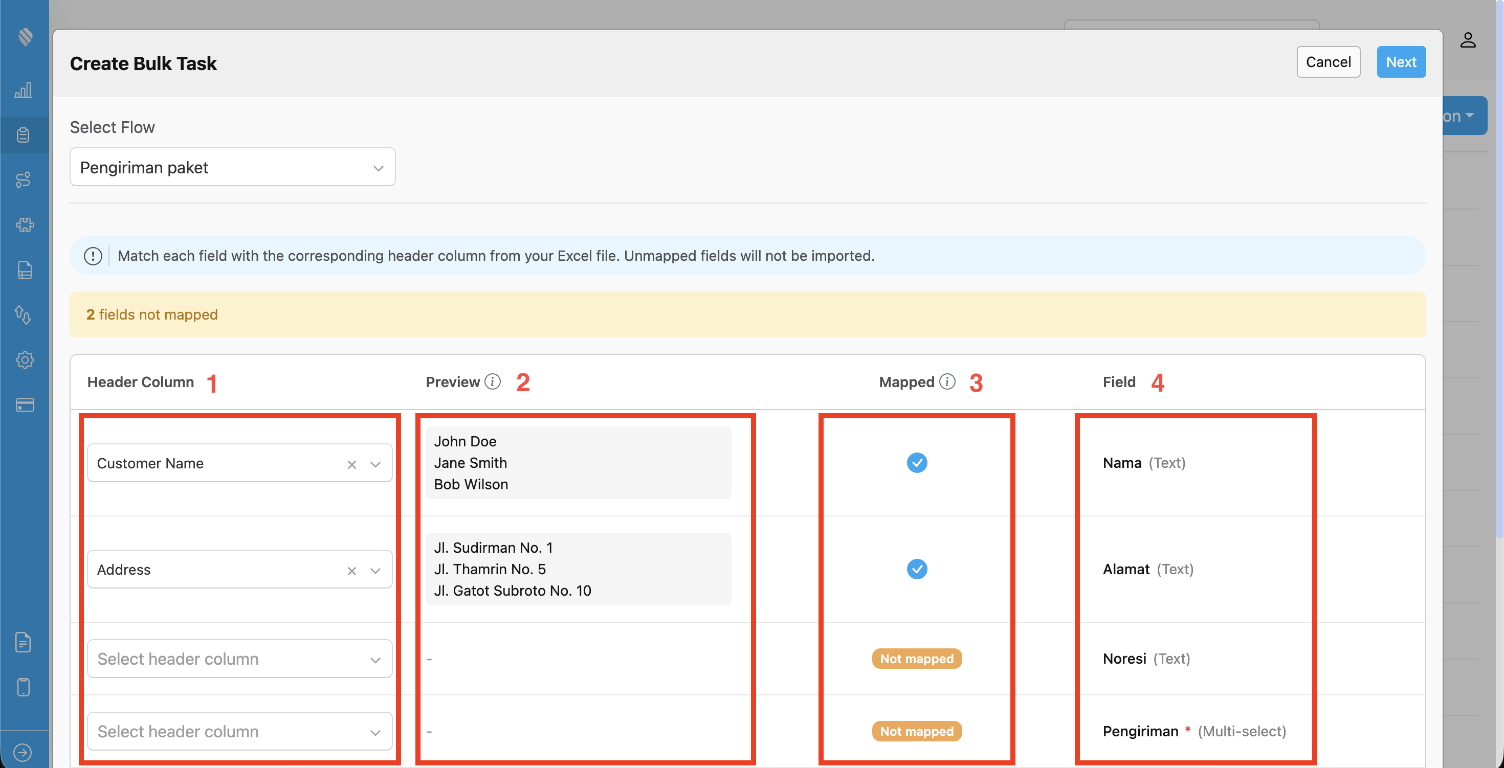 Column mapping with auto-matched fields