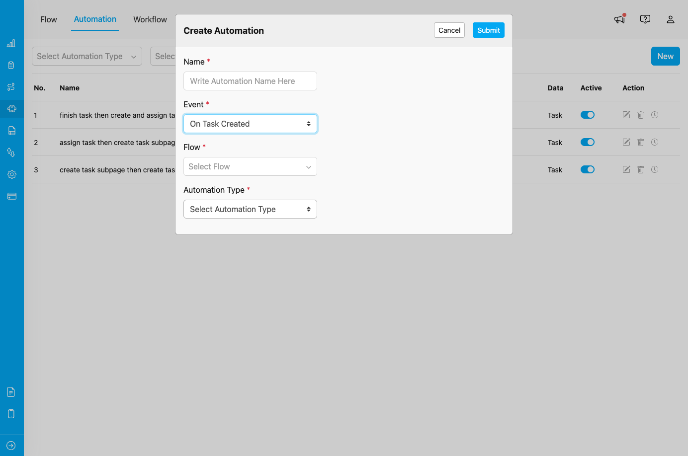 Automation Type selection in Create Automation dialog