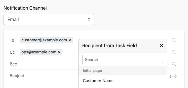 Recipient row with the task-field picker open, showing only text-input fields listed