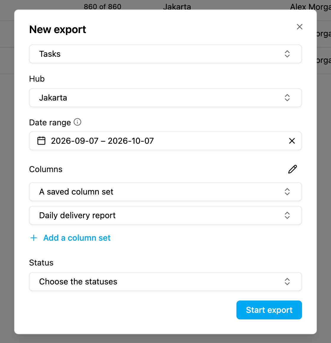 Export with a saved column set