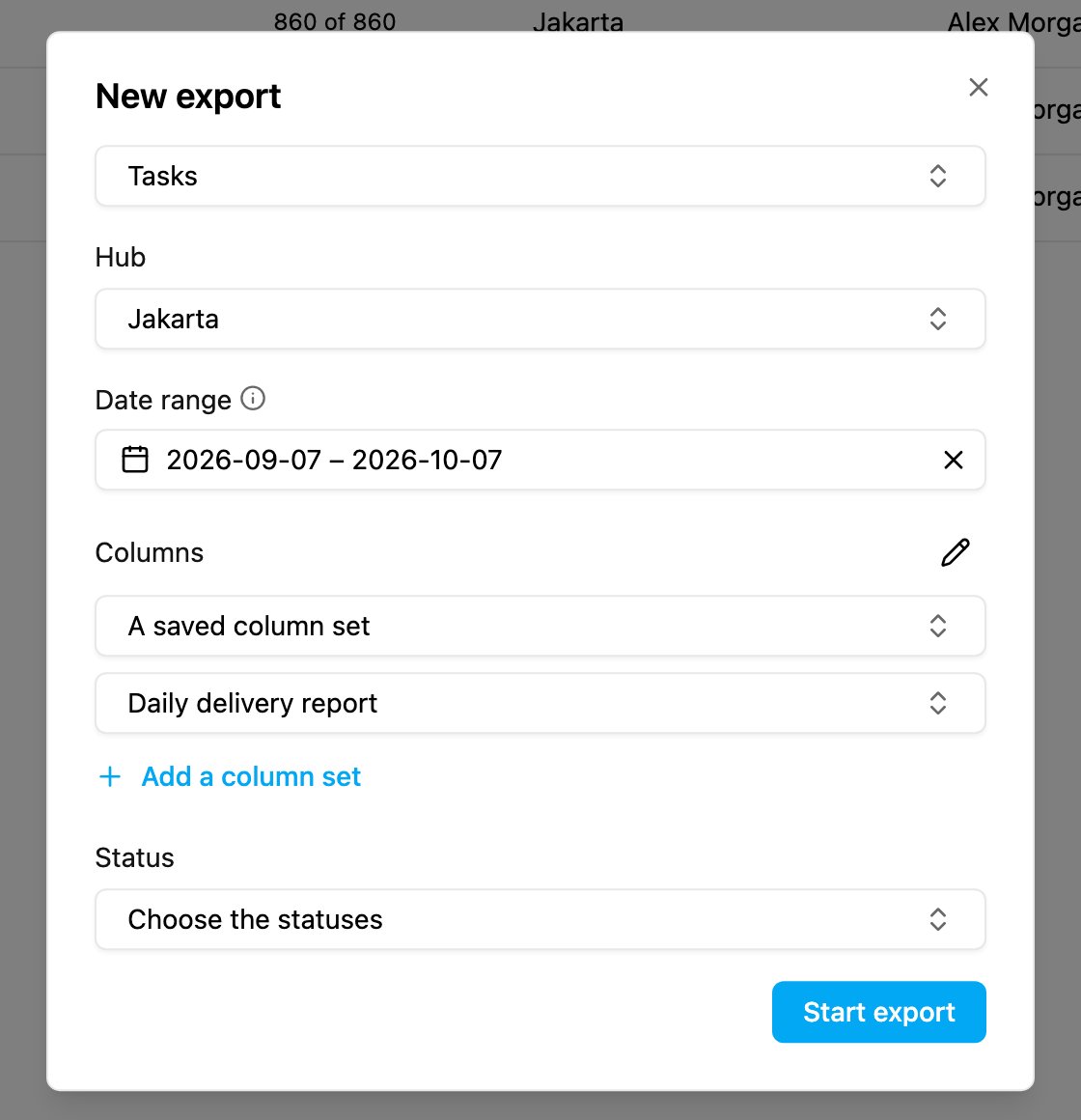 Export with a saved column set