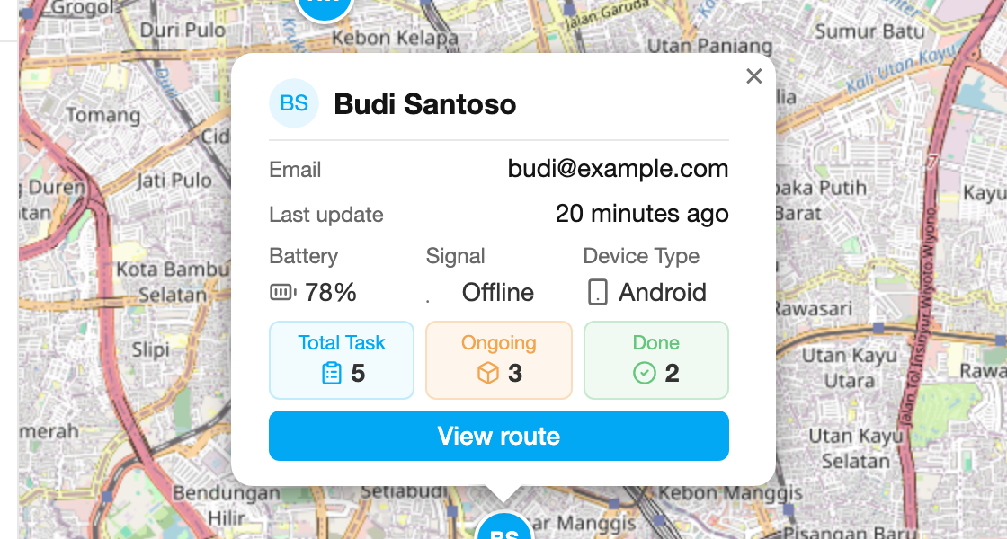 User card on the Tracking map
