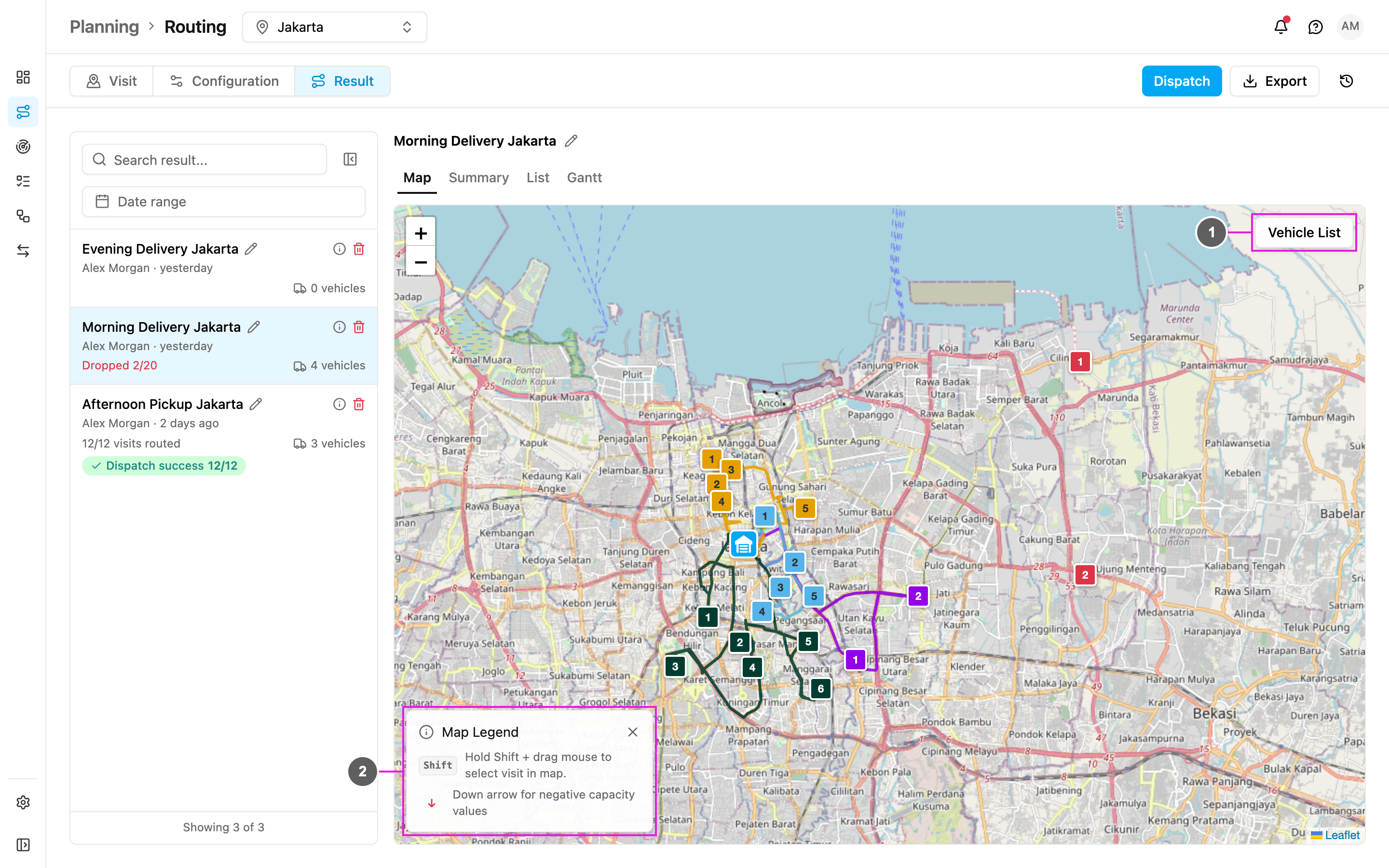 Routing result on the map