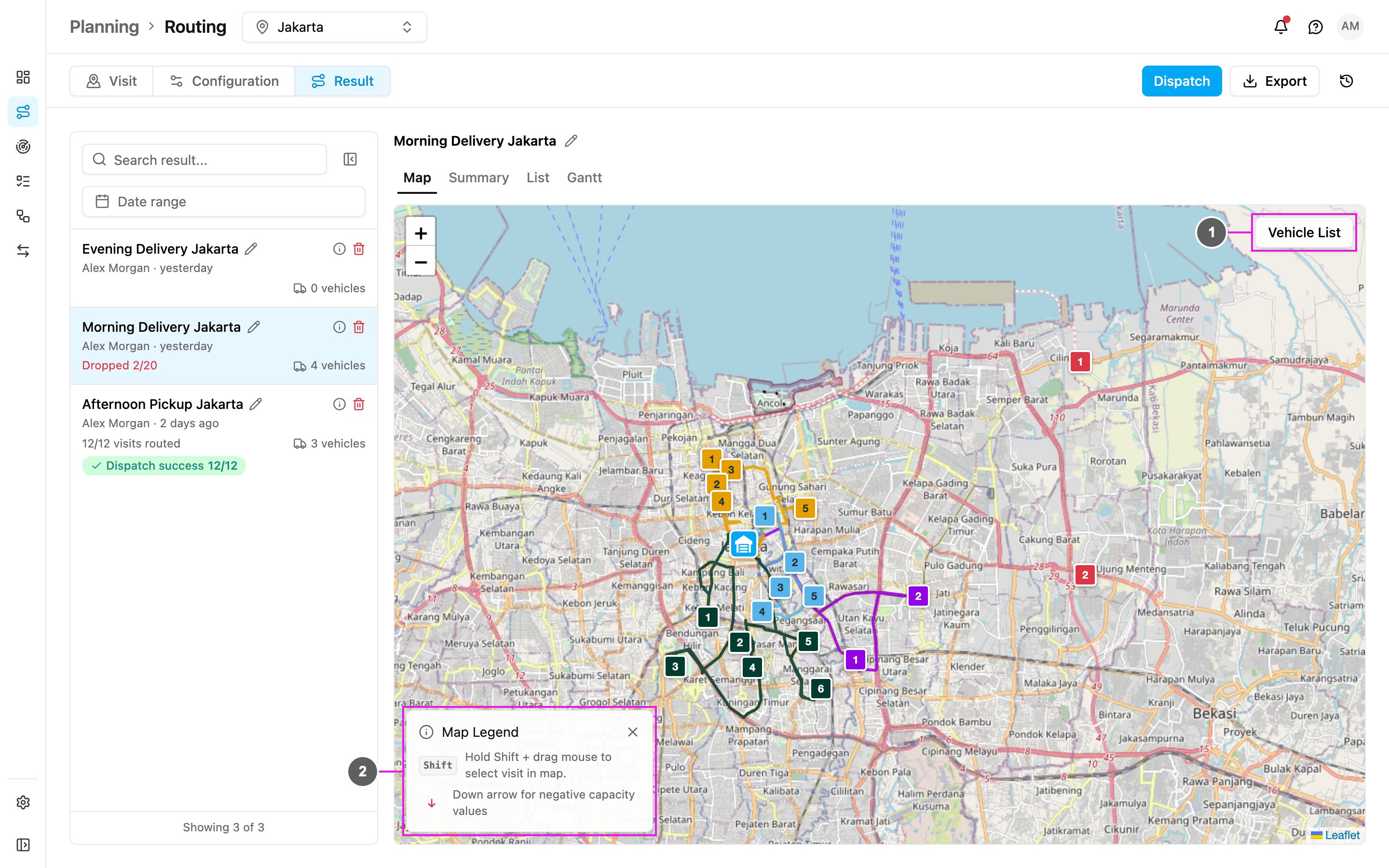 Routing result on the map