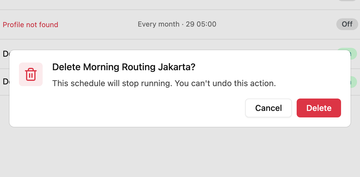 Delete routing schedule