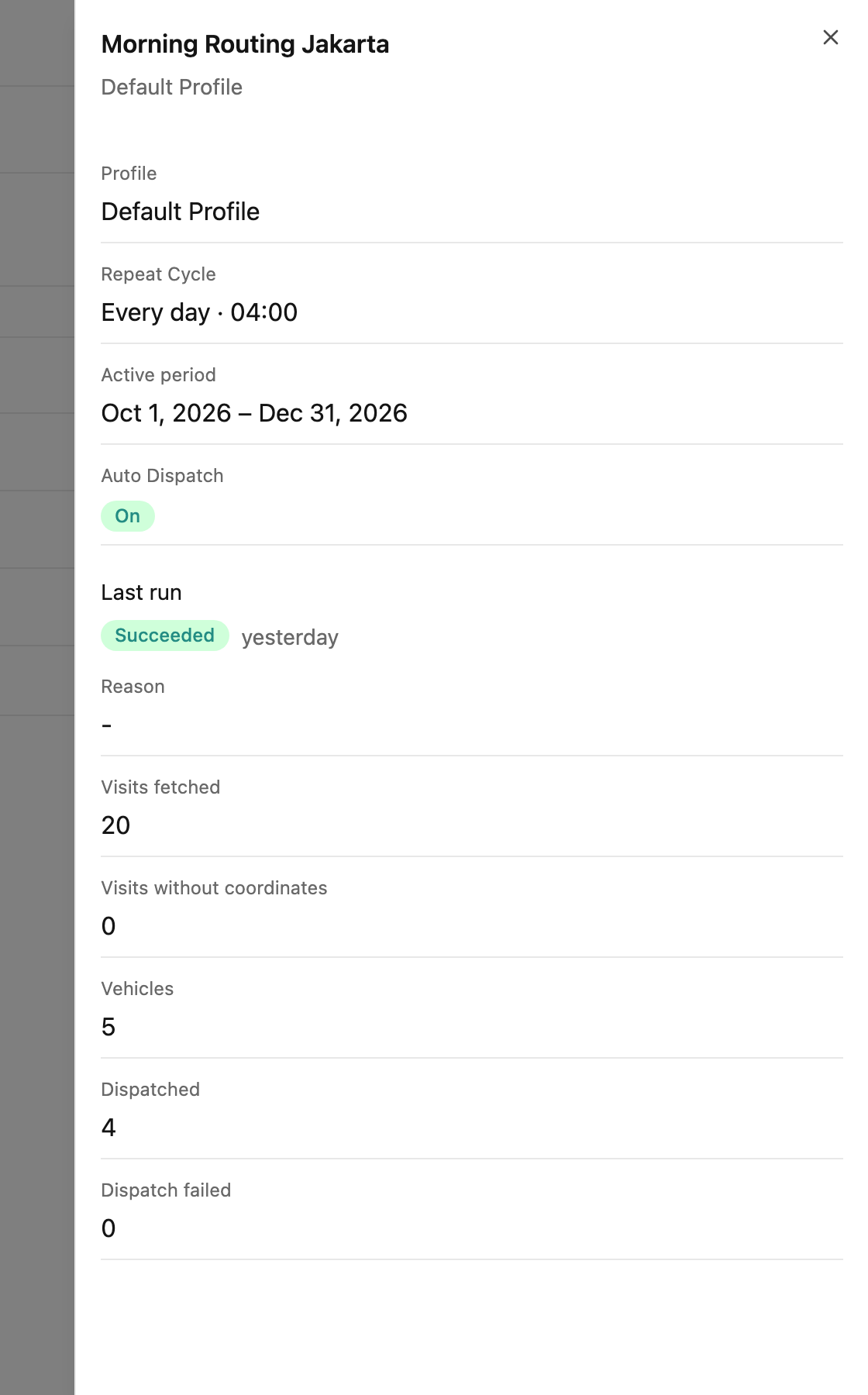 Routing schedule detail