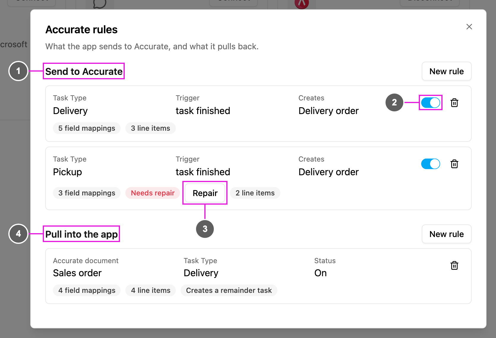 Accurate rules, with rules sent to Accurate and rules pulled into the app