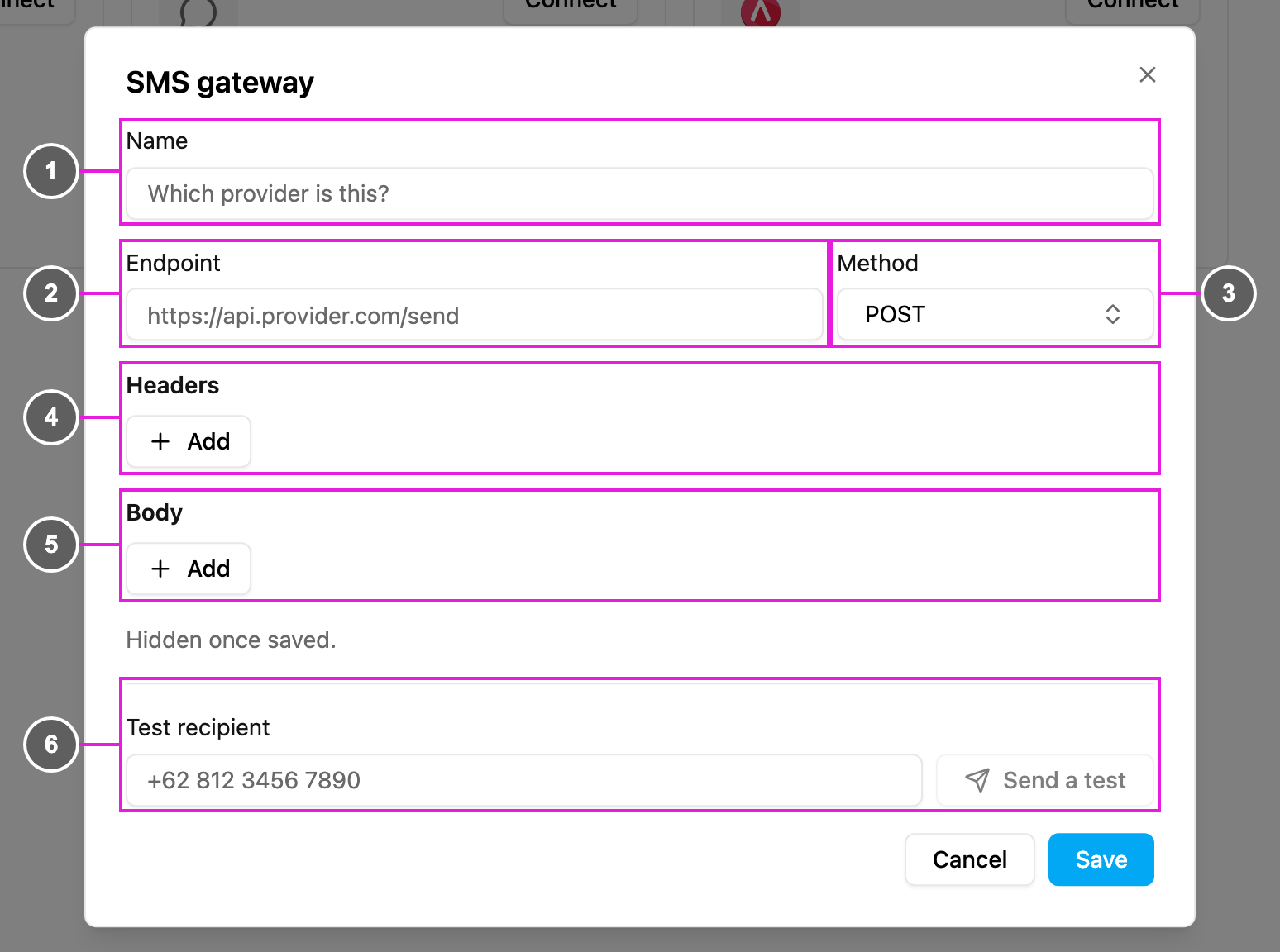The SMS gateway dialog