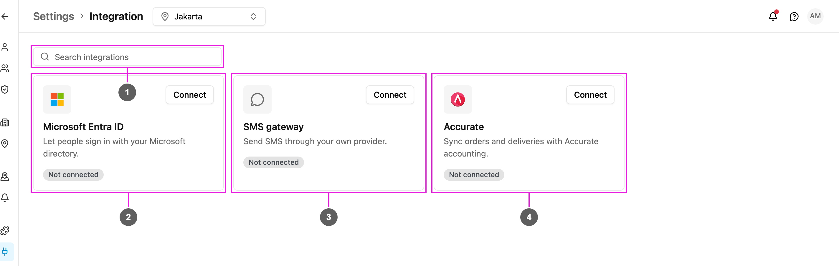 The Integration page with one card per service
