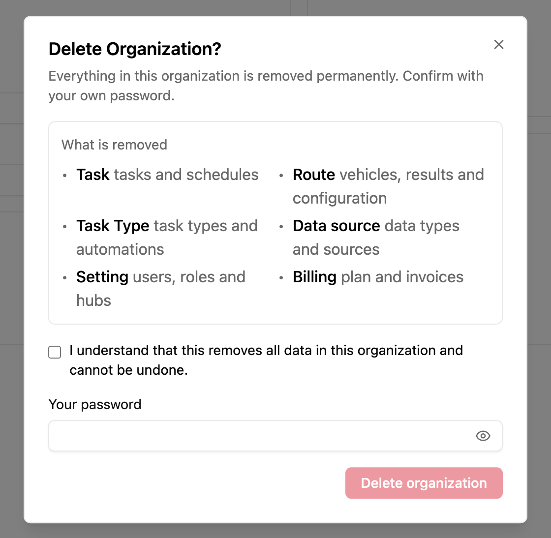 Delete organization