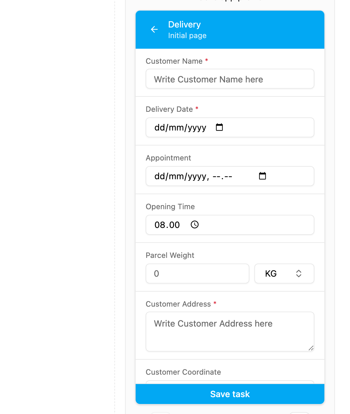 Inputs in the mobile preview