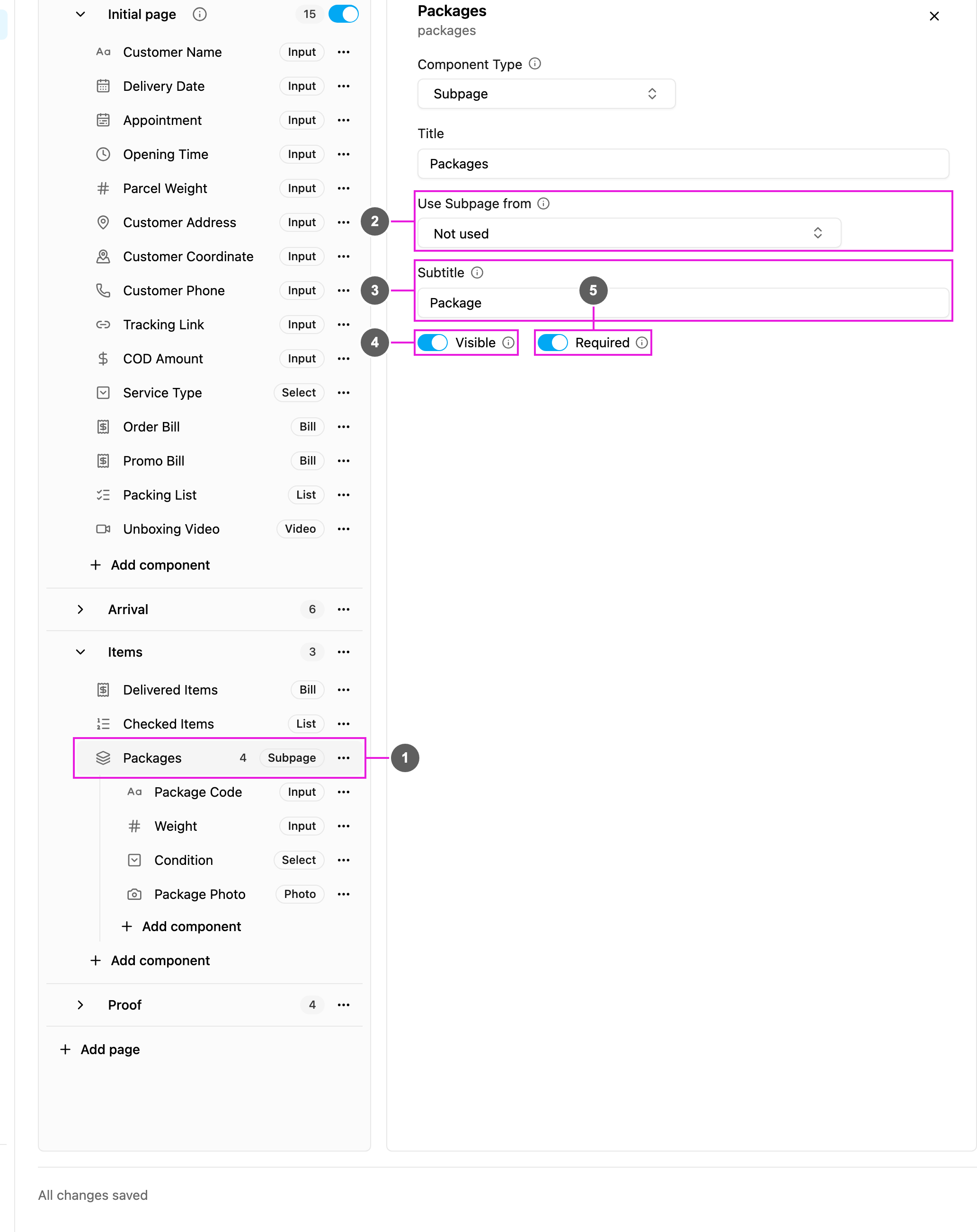 Subpage properties