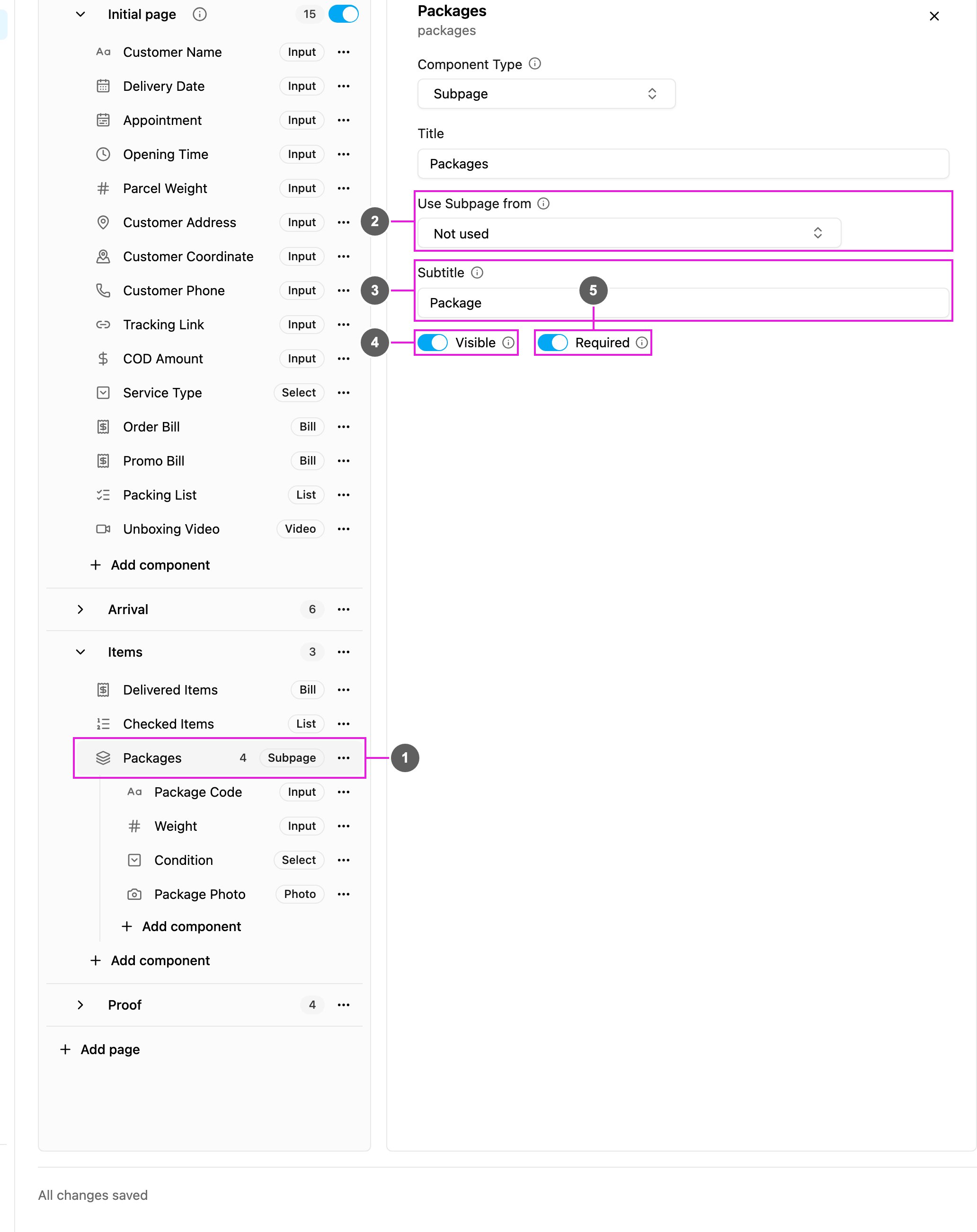Subpage properties
