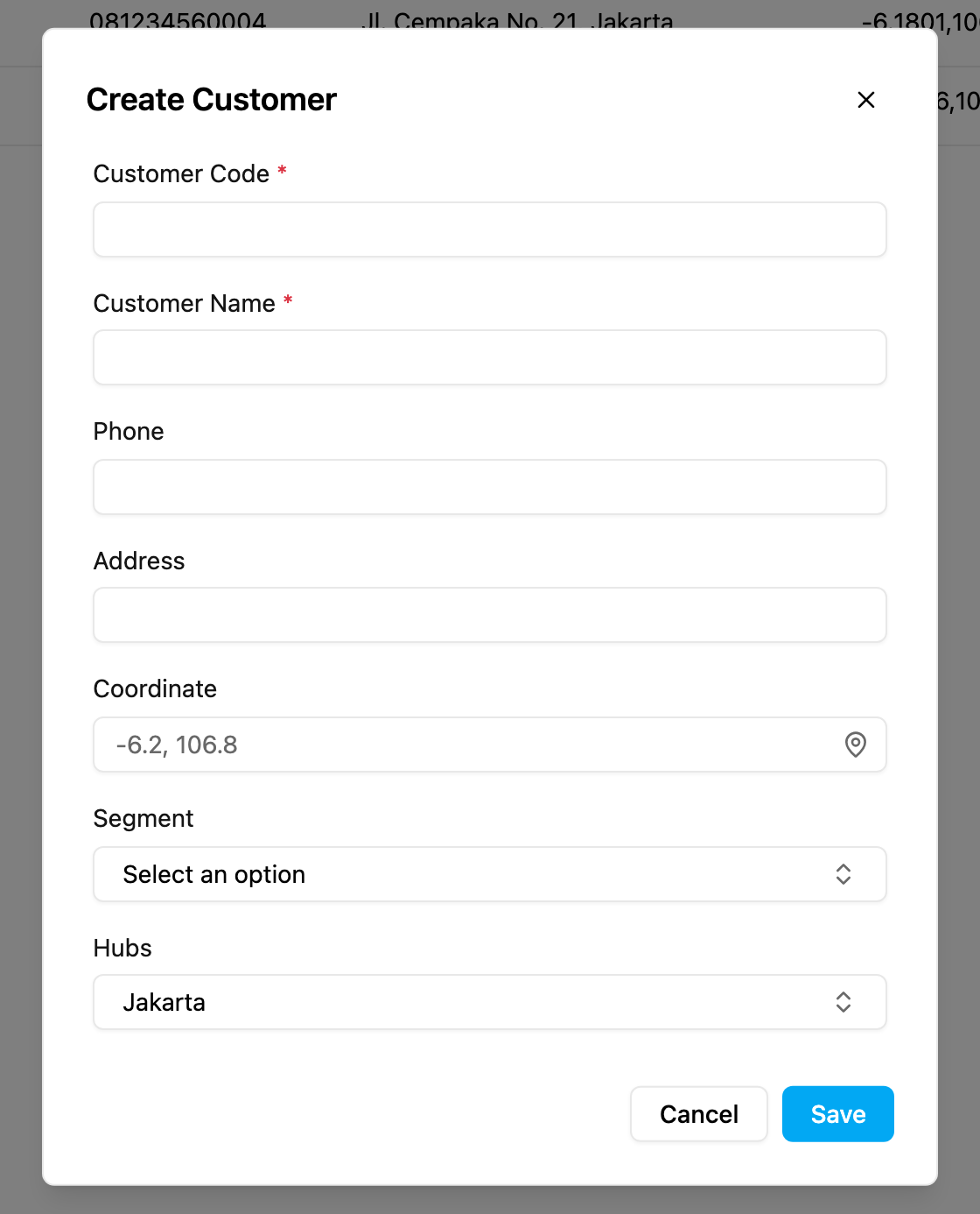 Create Customer dialog