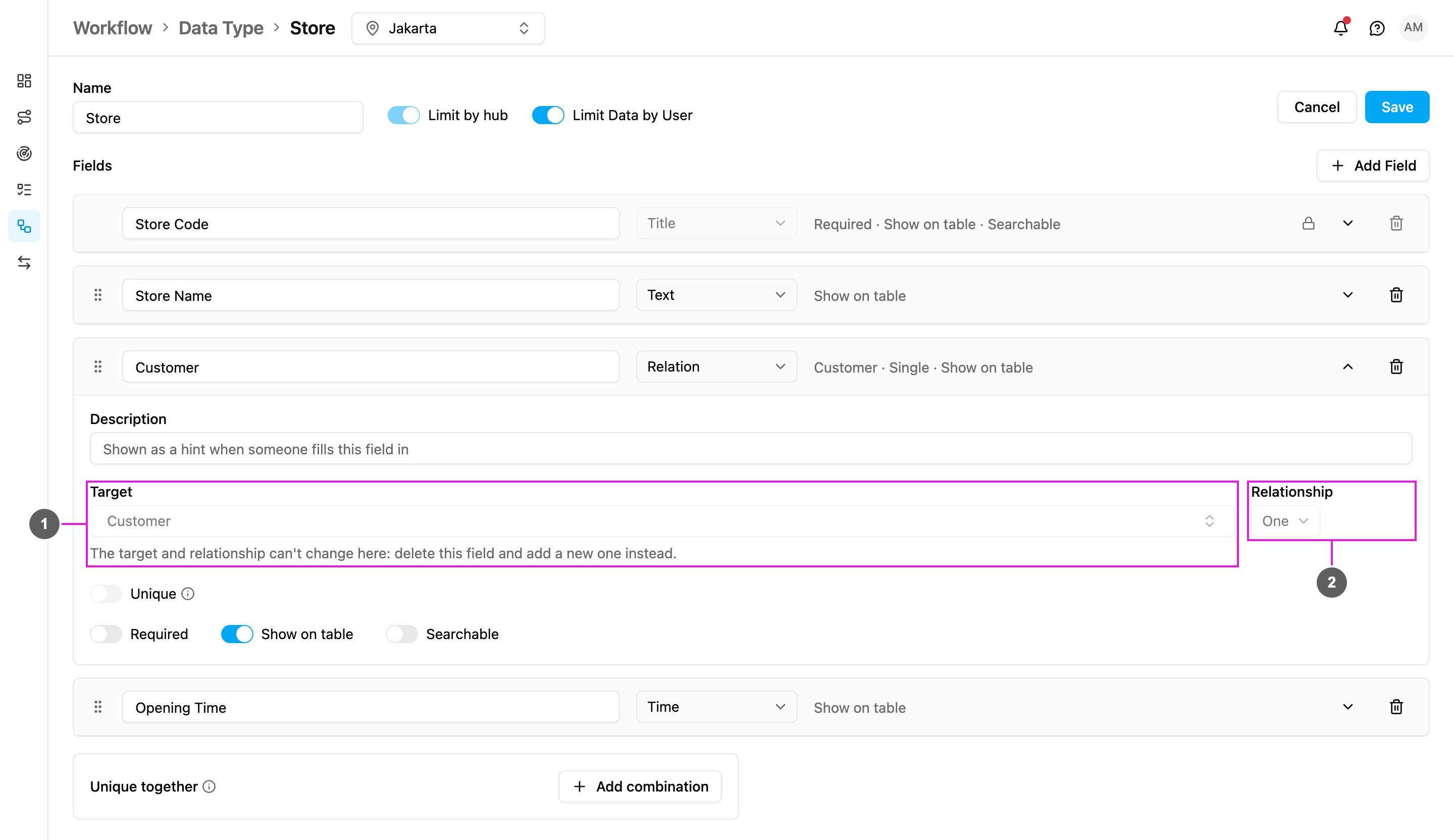 Relation field settings