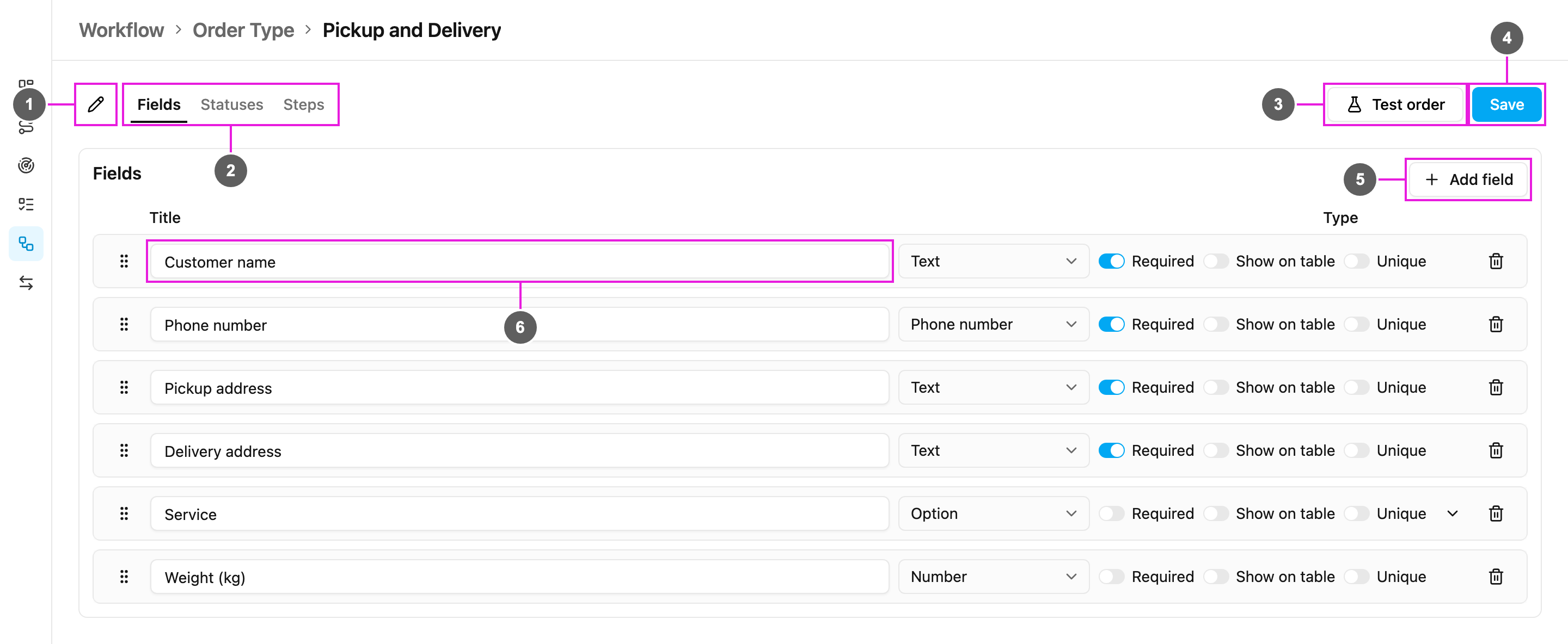 Order type editor on the Fields tab