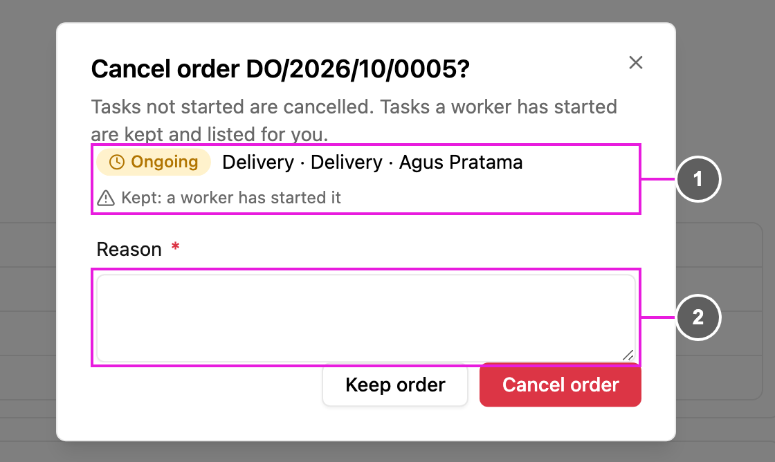 Cancel order dialog