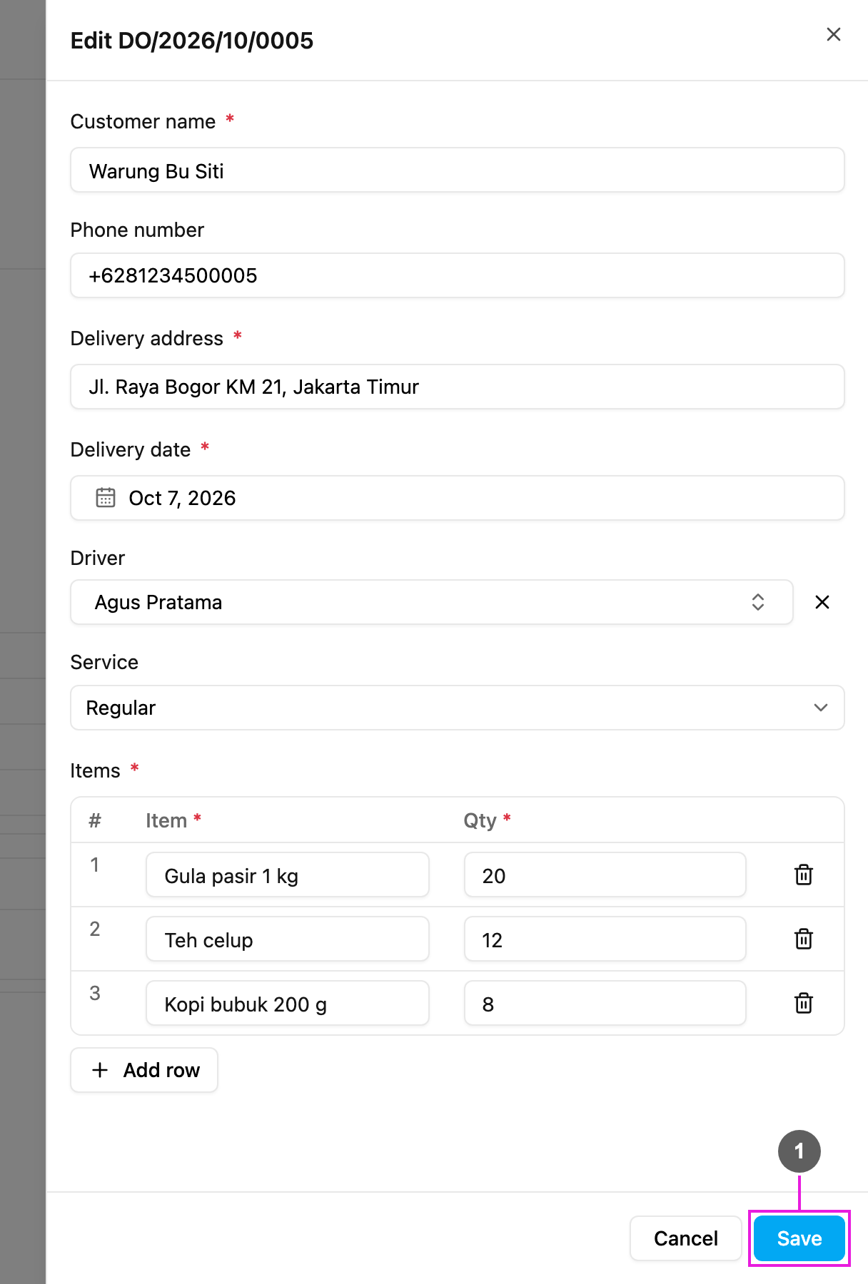 Edit order panel