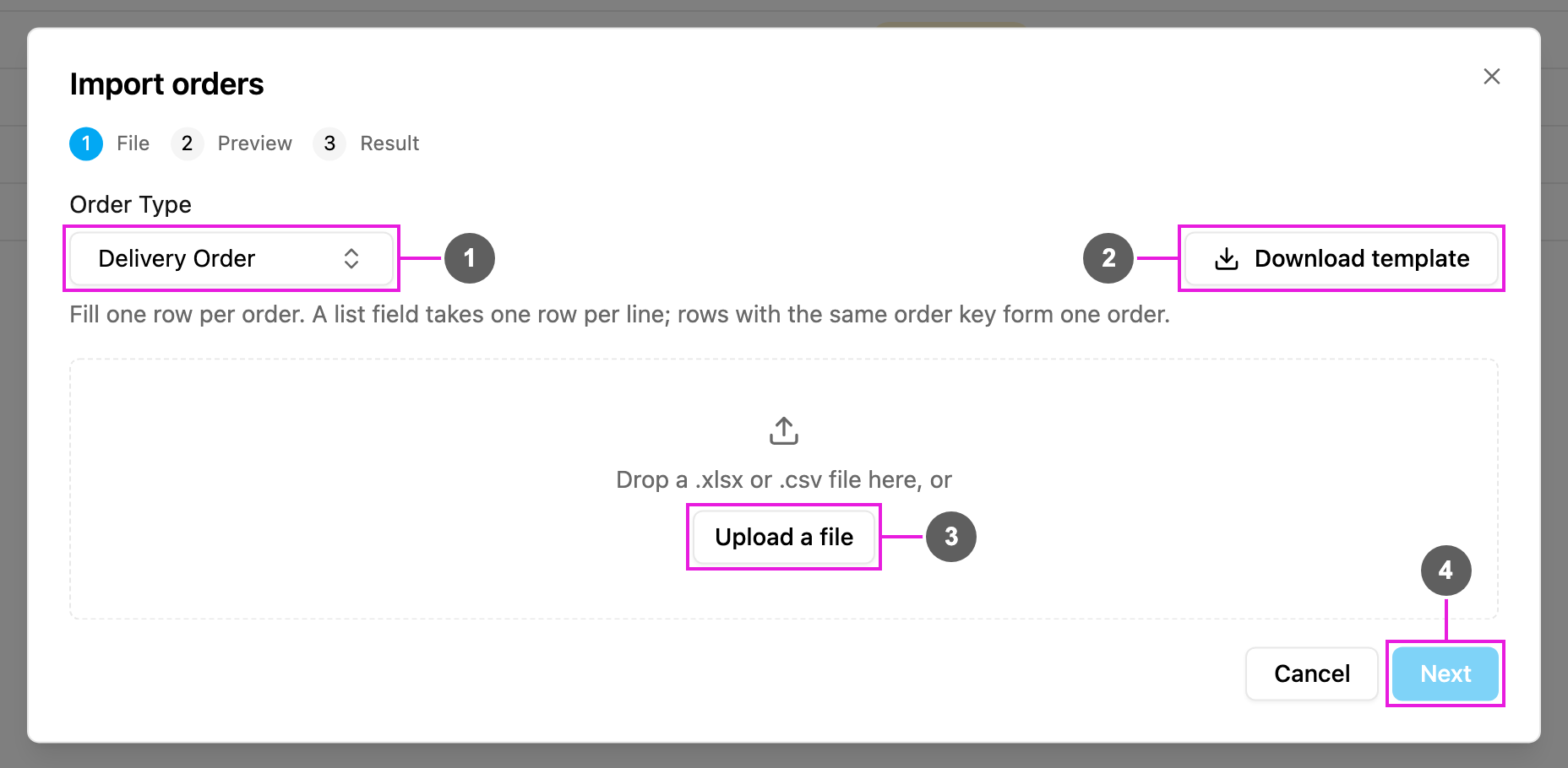 Import orders dialog