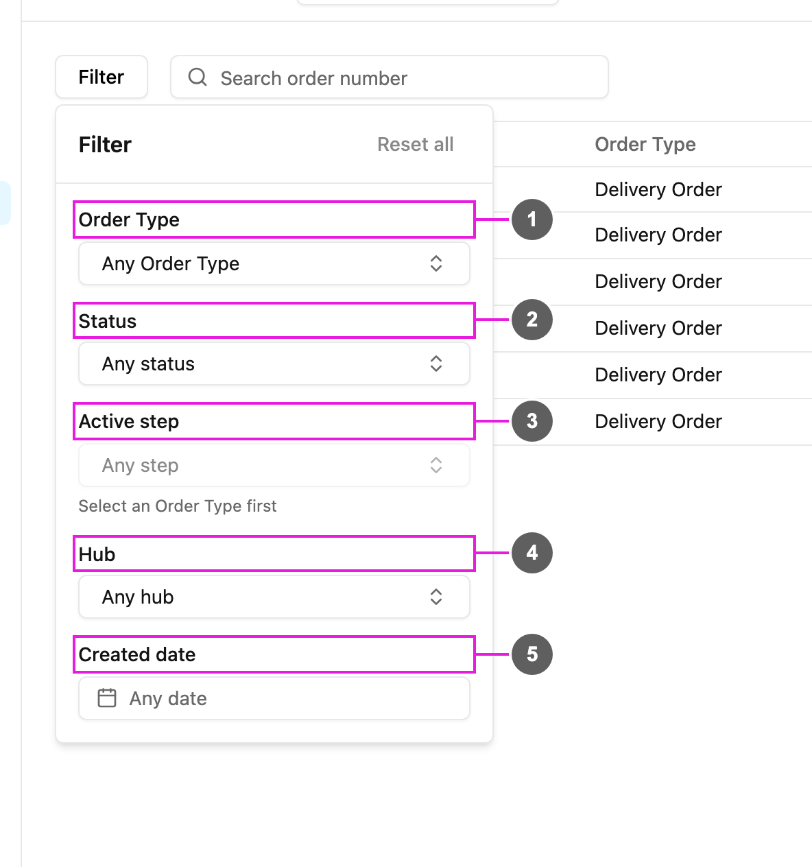 Order filter panel