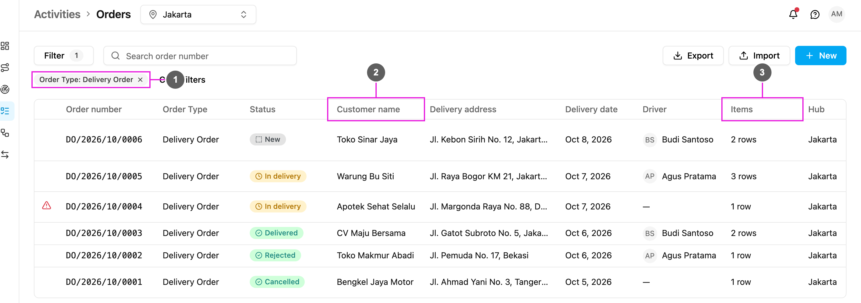 Orders list filtered by one Order Type, with its fields as columns