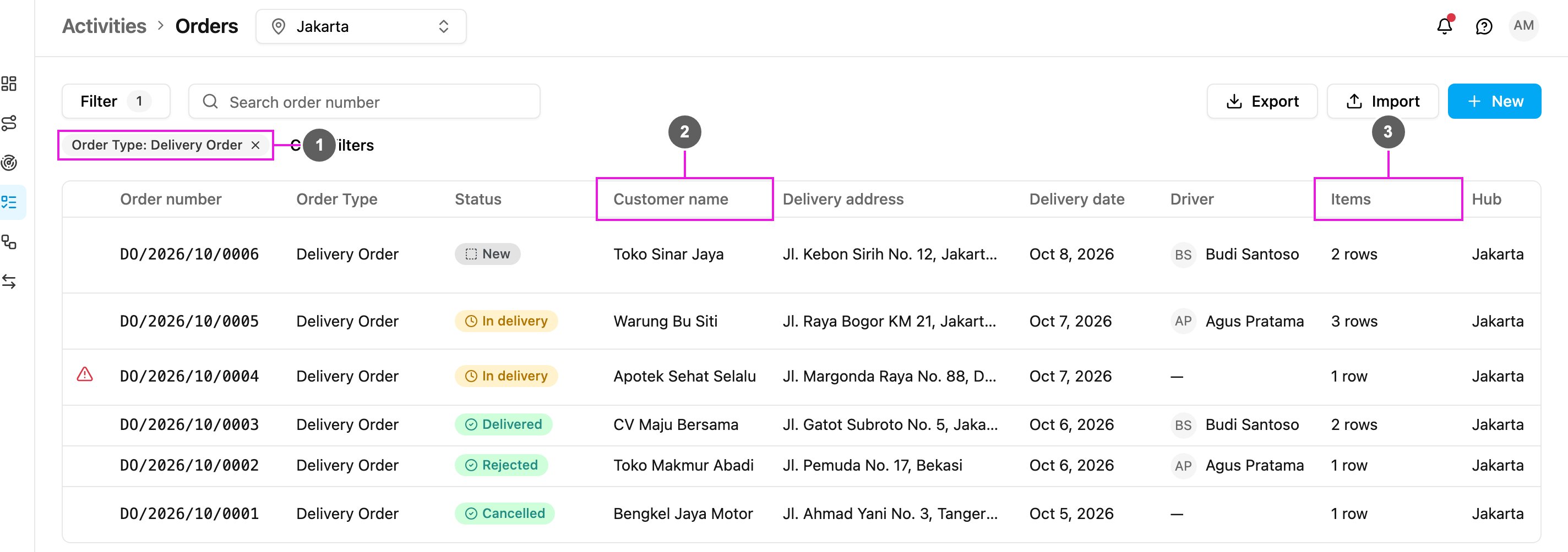 Orders list filtered by one Order Type, with its fields as columns