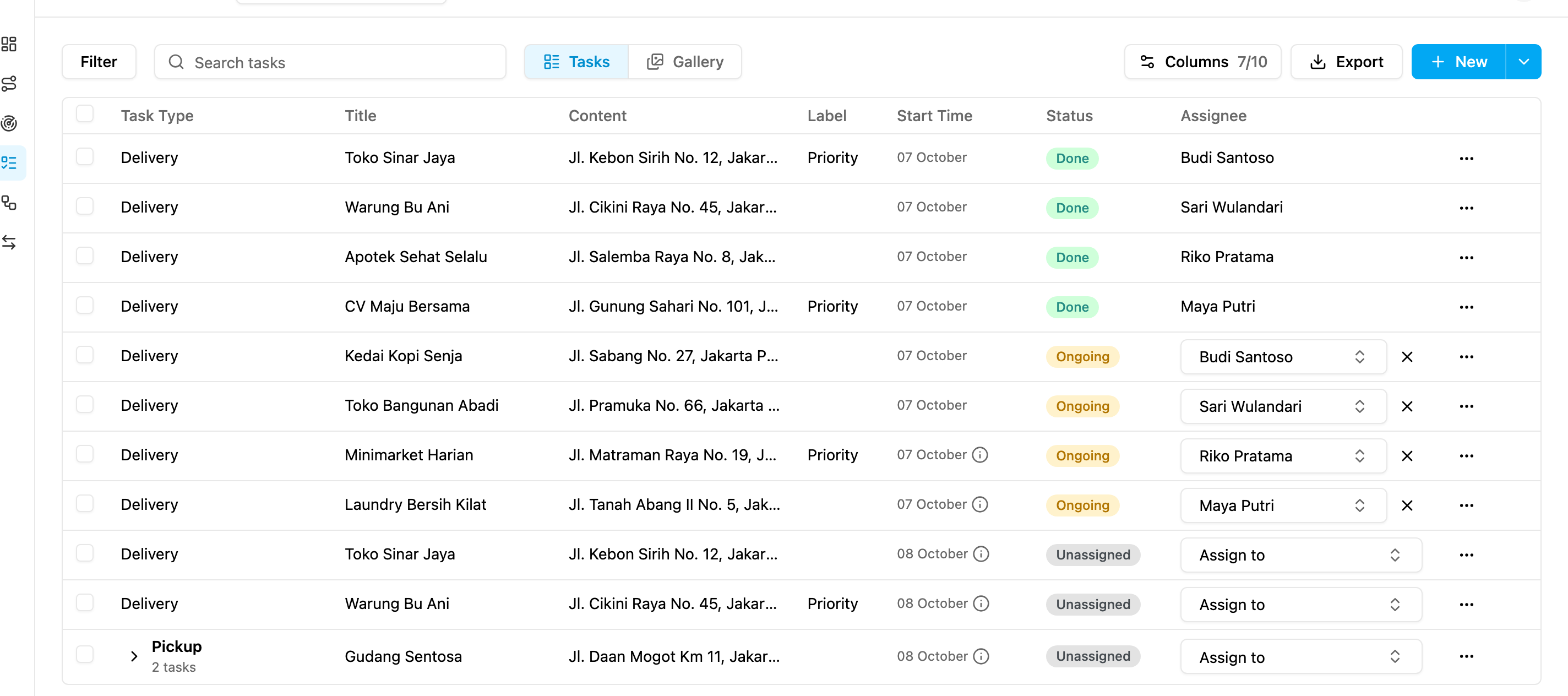 Task list with more columns