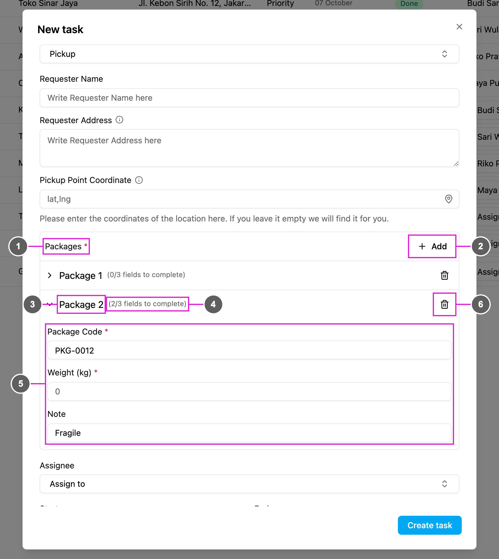 Subpage in the task form