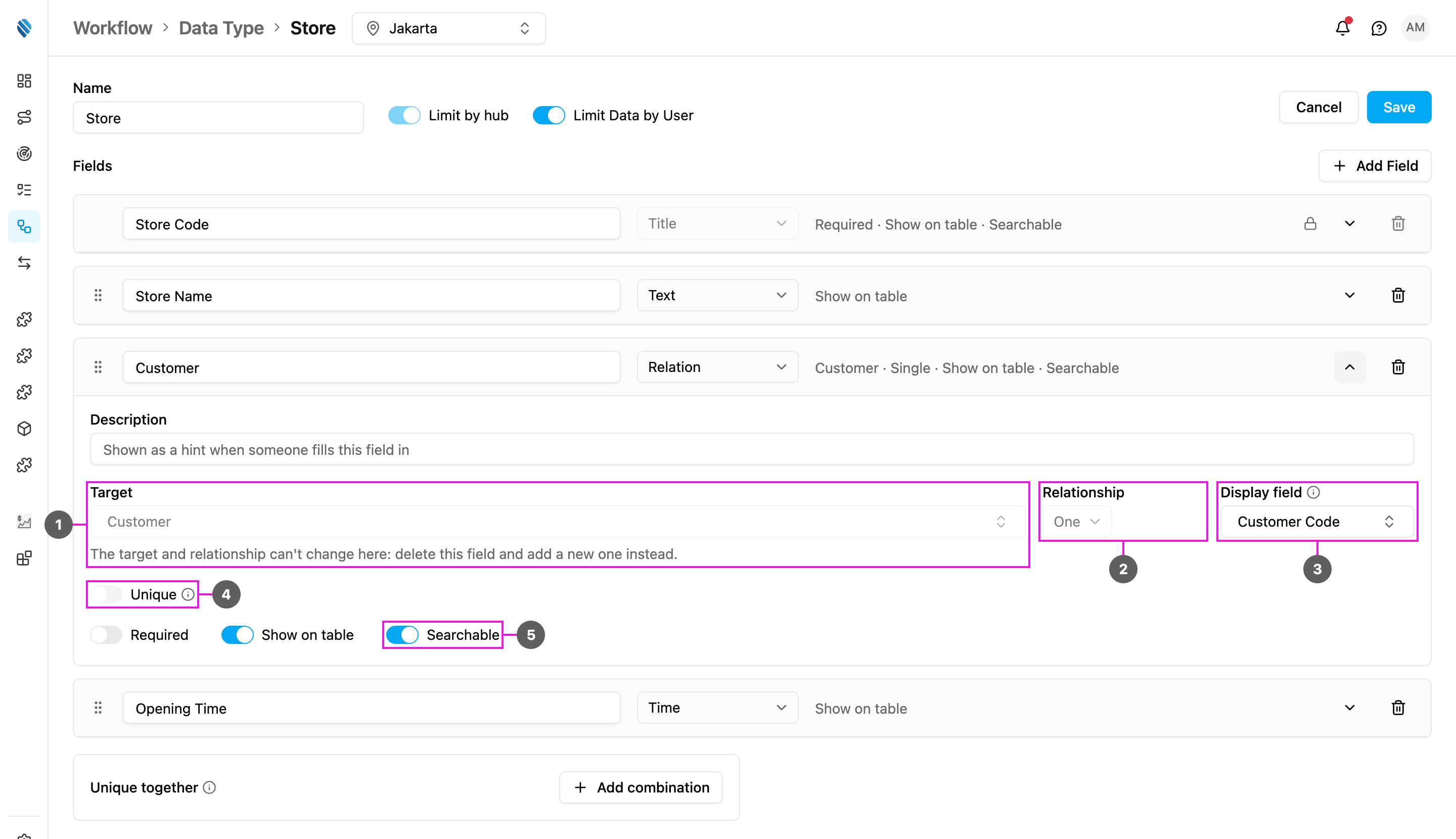 Relation field settings