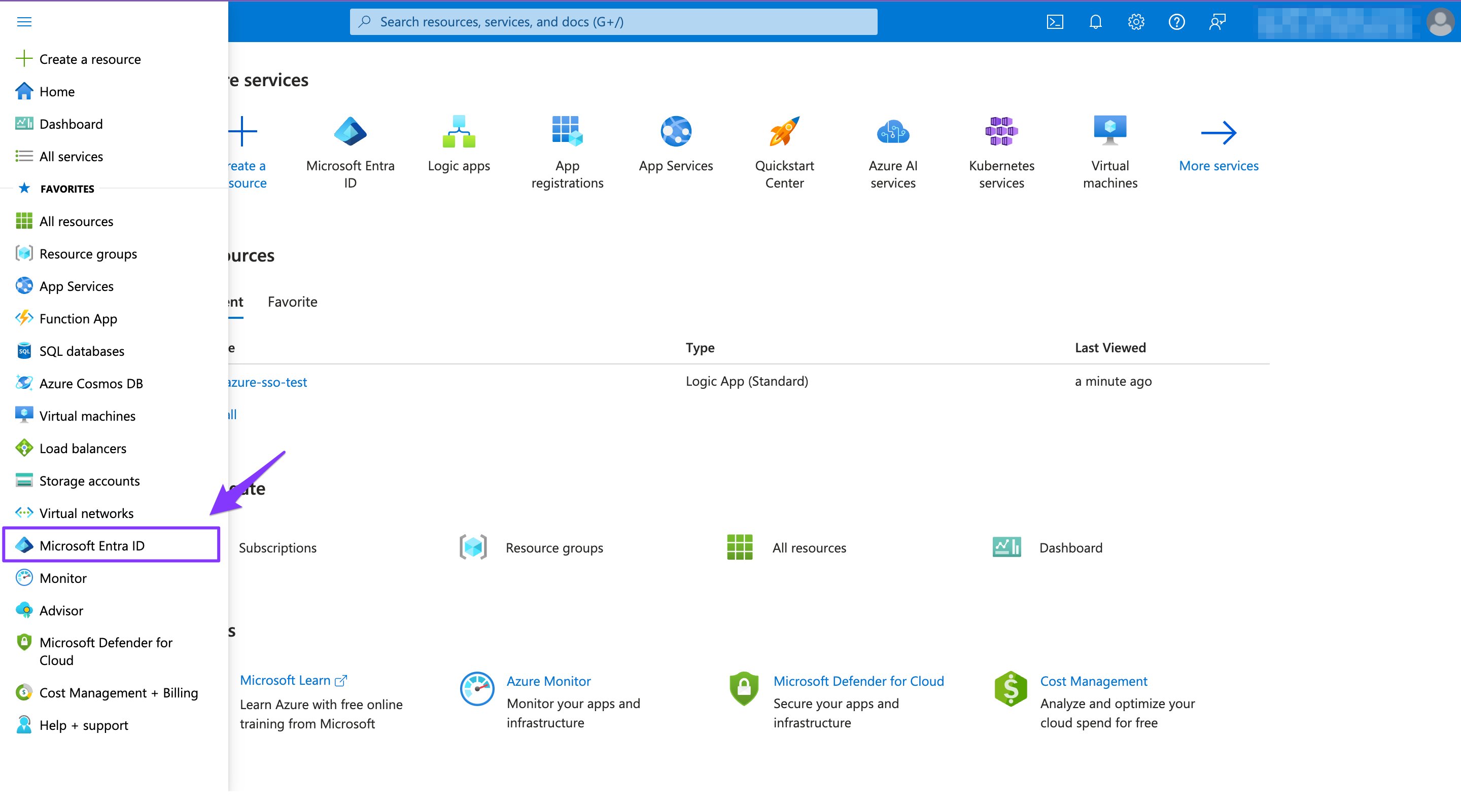 Azure Portal homepage