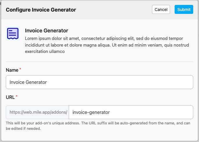Configure add-on name and URL dialog