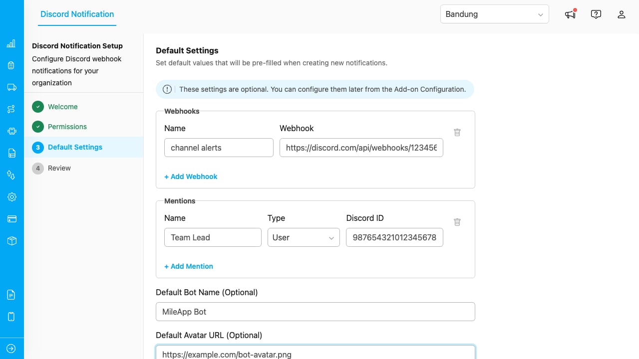 Setup wizard default settings step