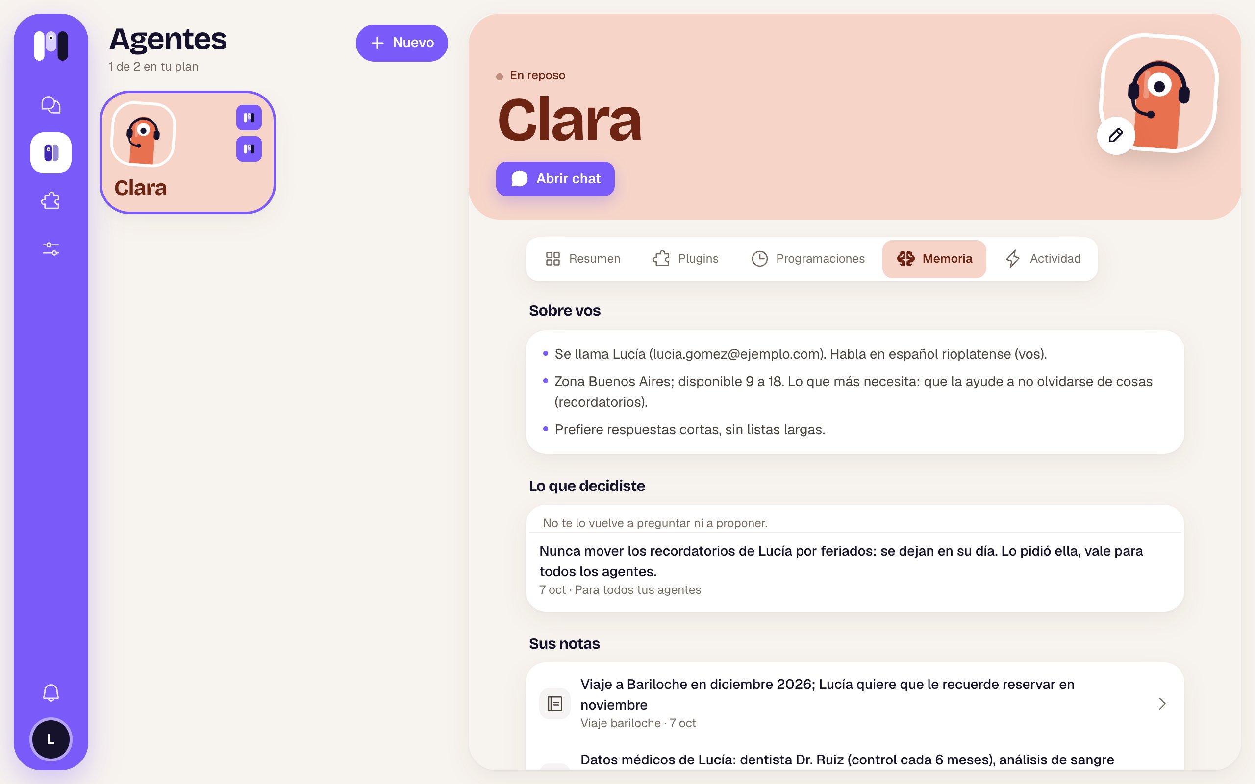 Pestaña Memoria con las secciones Sobre vos, En curso, Lo que aprendió Clara, Lo que decidiste y Sus notas