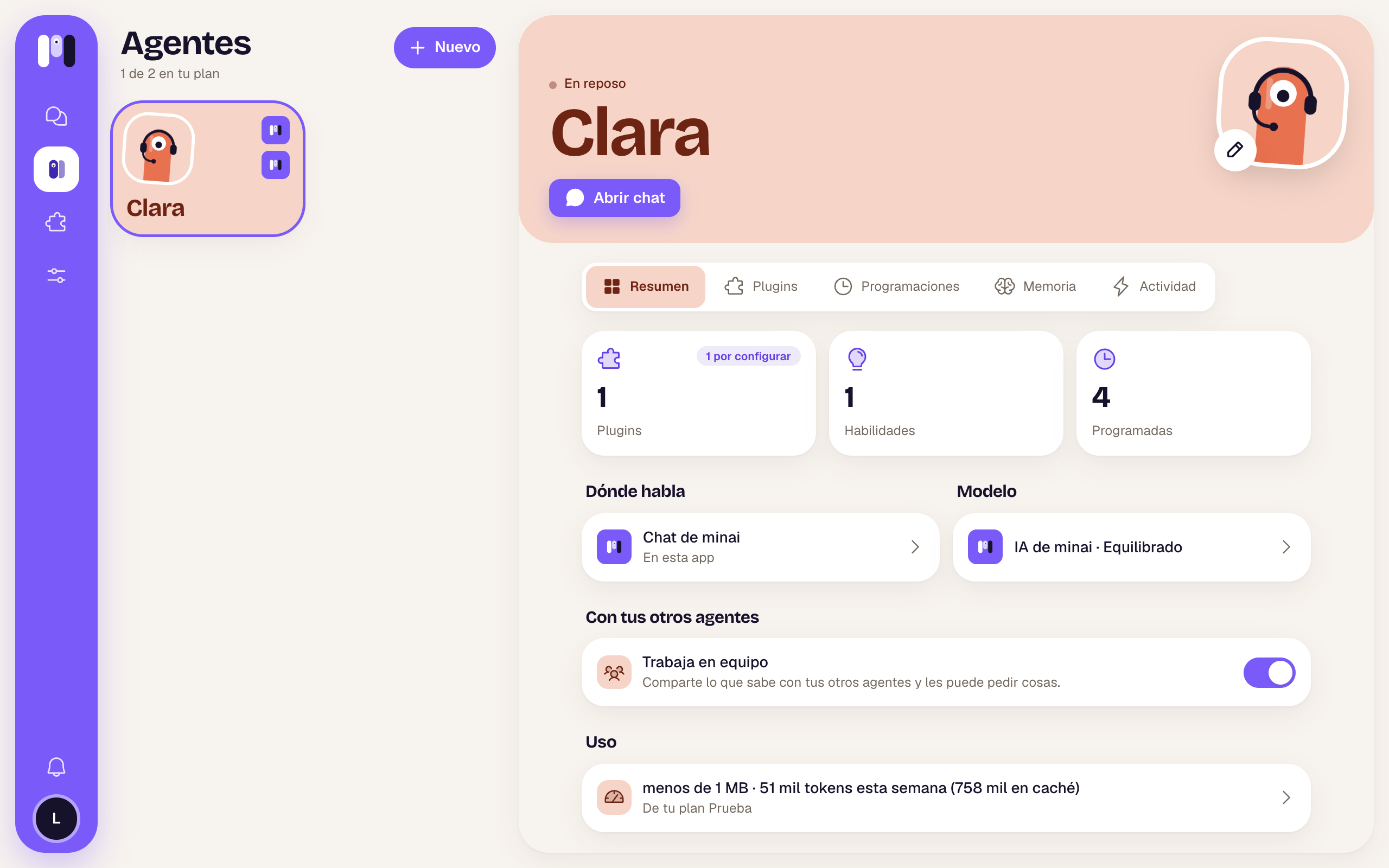 Página de Clara con el encabezado, las pestañas y el resumen