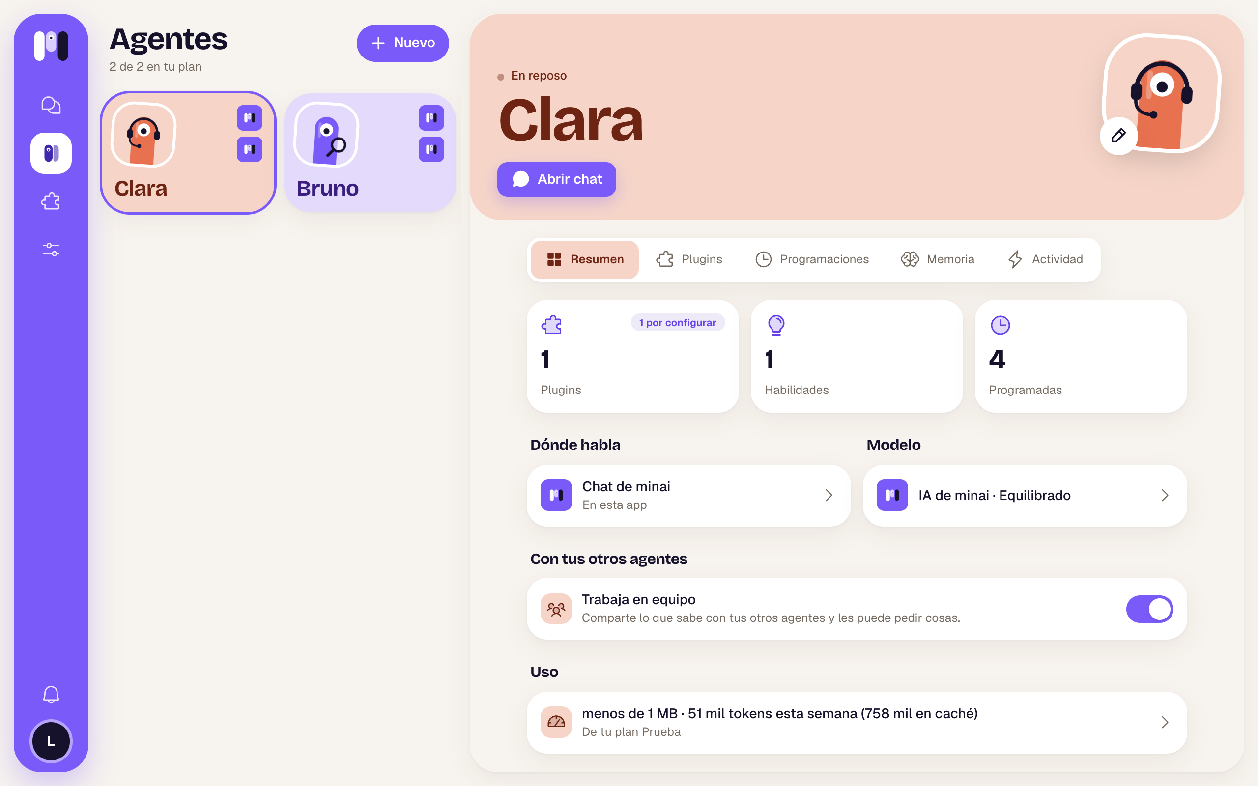 Pantalla de Agentes en la computadora con la barra violeta a la izquierda