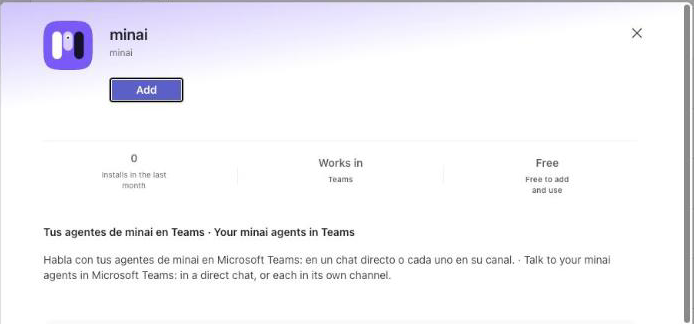 The minai app in Teams, with the Add button