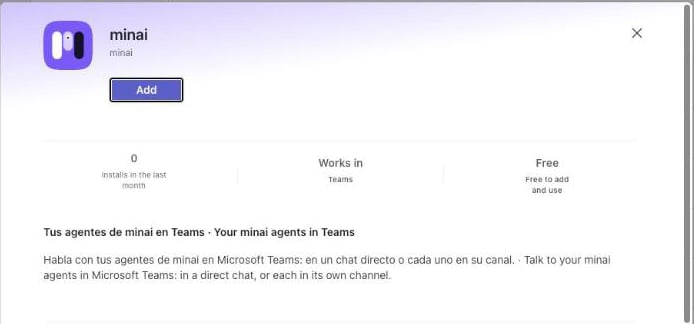 The minai app in Teams, with the Add button