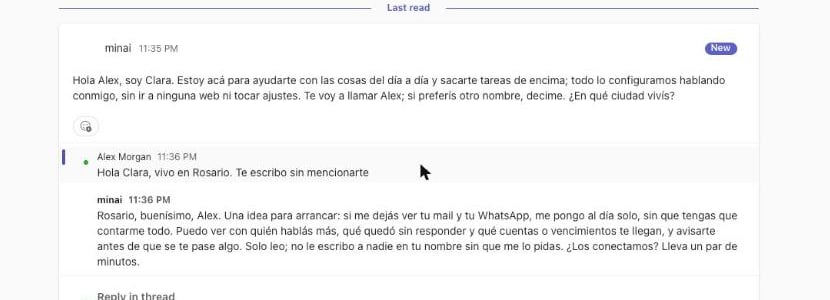 Clara channel in Teams: the agent's first message, an answer without a mention and Clara's reply