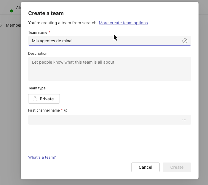 Create a team window, with a team name and the Private type