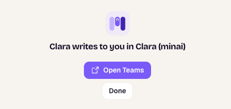 Clara writes to you in its channel, with Open Teams and Done