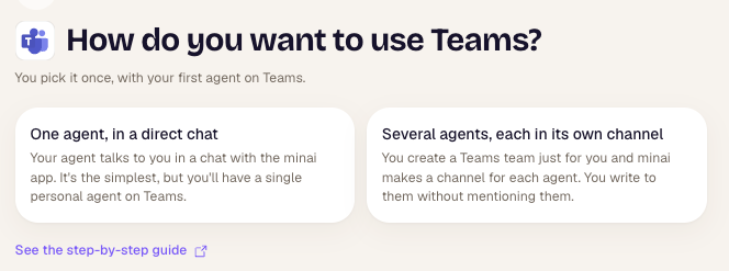 How do you want to use Teams? screen with One agent, in a direct chat and Several agents, each in its own channel