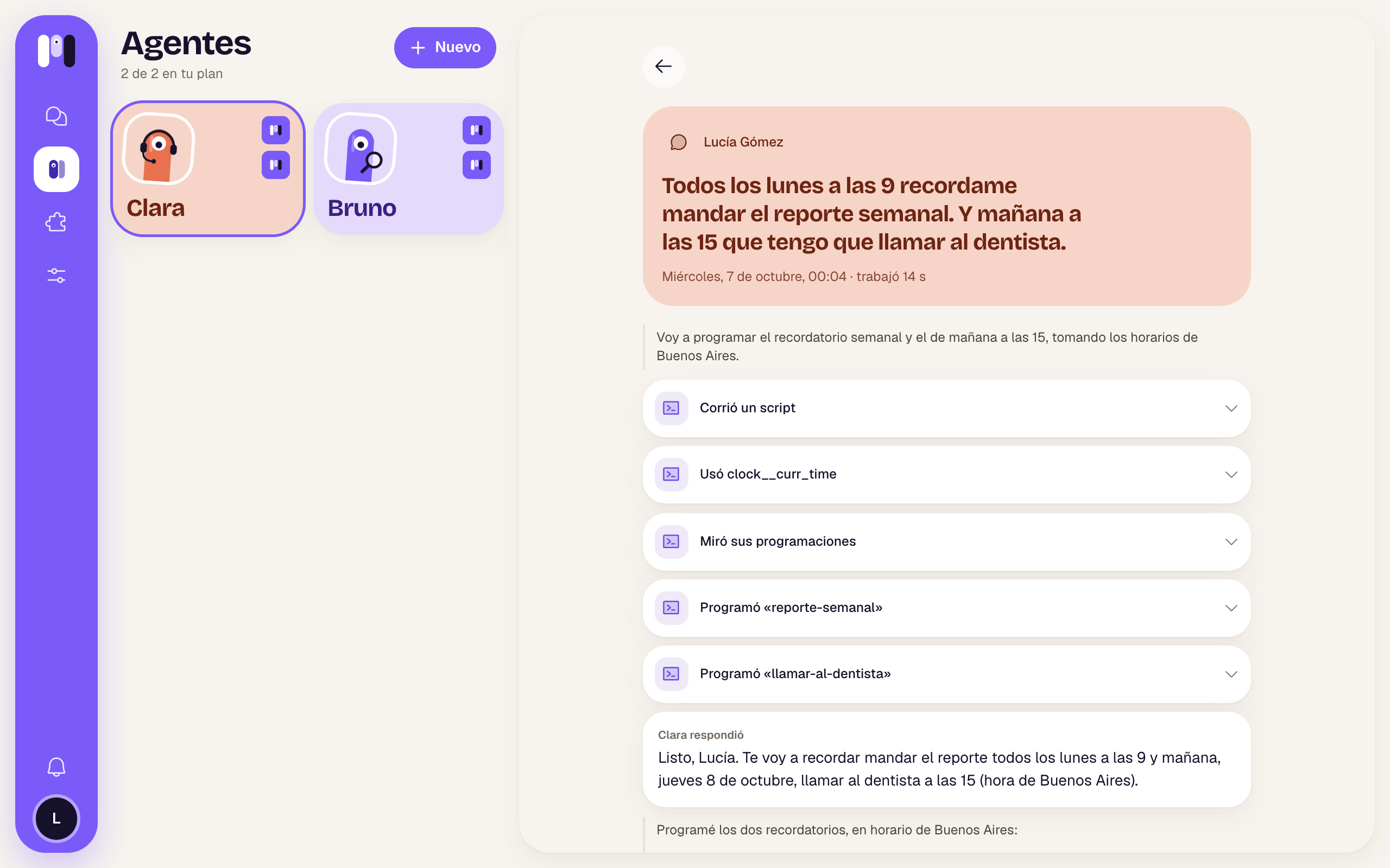 El detalle de una vez que Clara trabajó: programó dos recordatorios