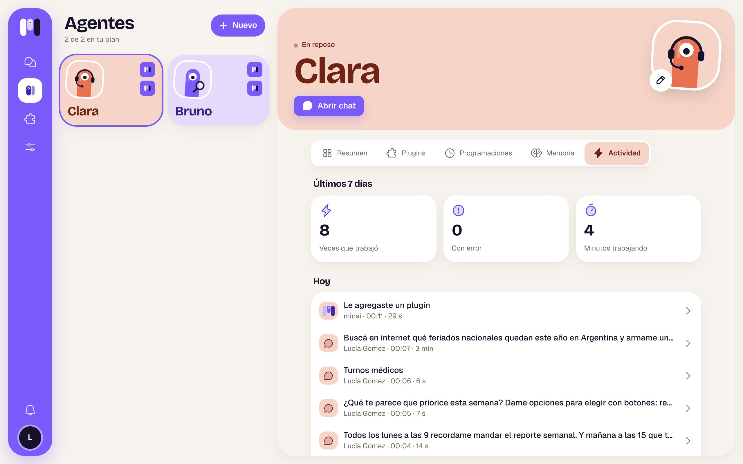 Clara's Activity tab: the summary of the last 7 days and today's list