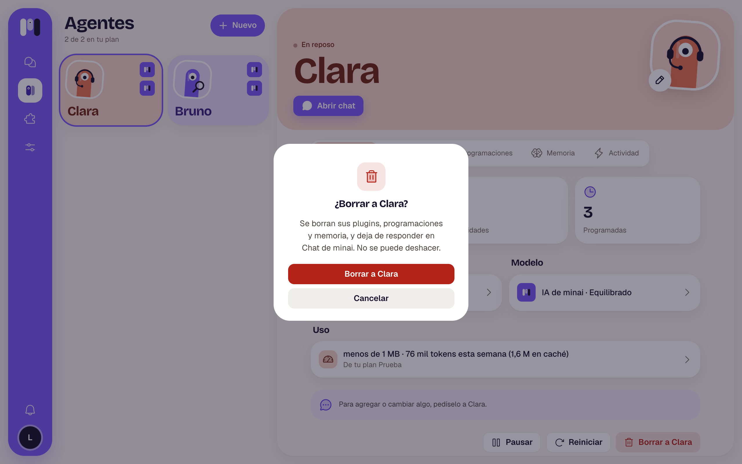 Delete Clara? dialog with the red Delete Clara button
